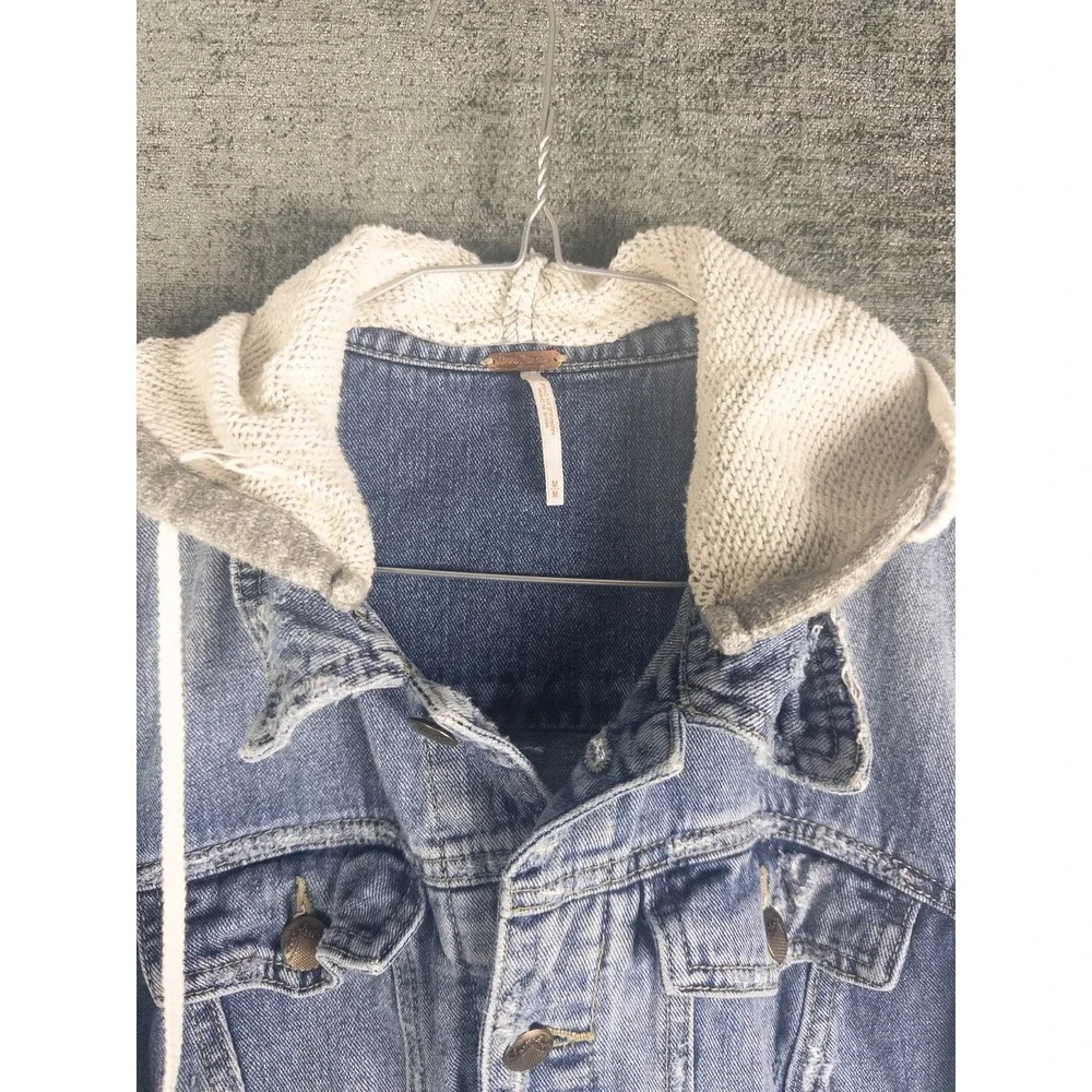 Free People Denim Jacket Womens M Blue Hooded Knit Indie Wash Casual Cotton - Picture 5 of 8